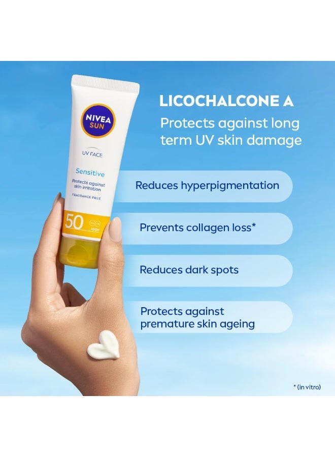 نيفيا كريم نيفيا صن للوجه الحساس بعامل حماية من الشمس SPF 50 (50 مل)، واقي شمسي يحمي من أشعة UVA/UVB وشيخوخة الجلد المبكرة، كريم واقي من الشمس للبشرة الحساسة للوجه. - Image 2